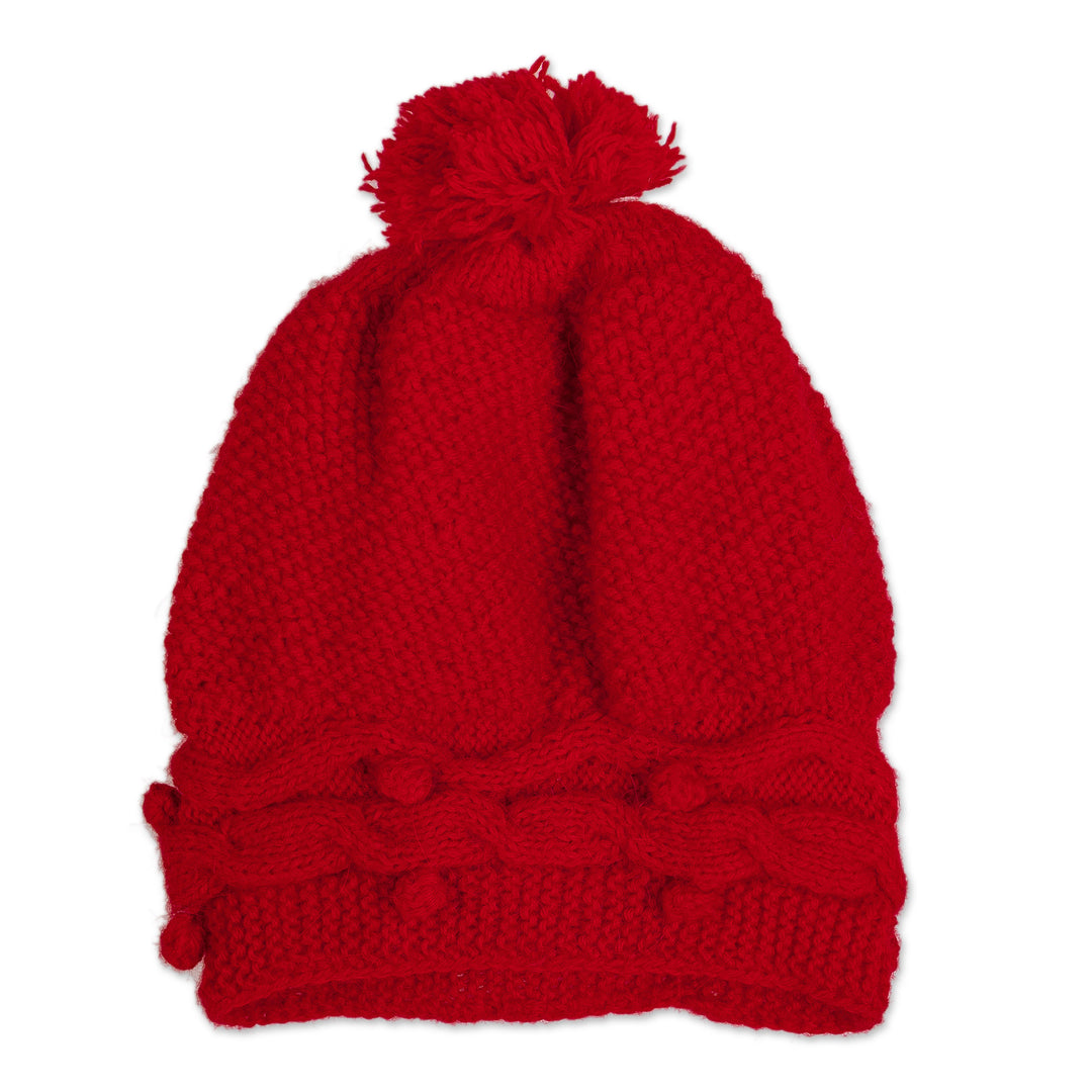 Peruvian Cable Knit Red Alpaca Blend Hat with a Pompon - Roads in Red