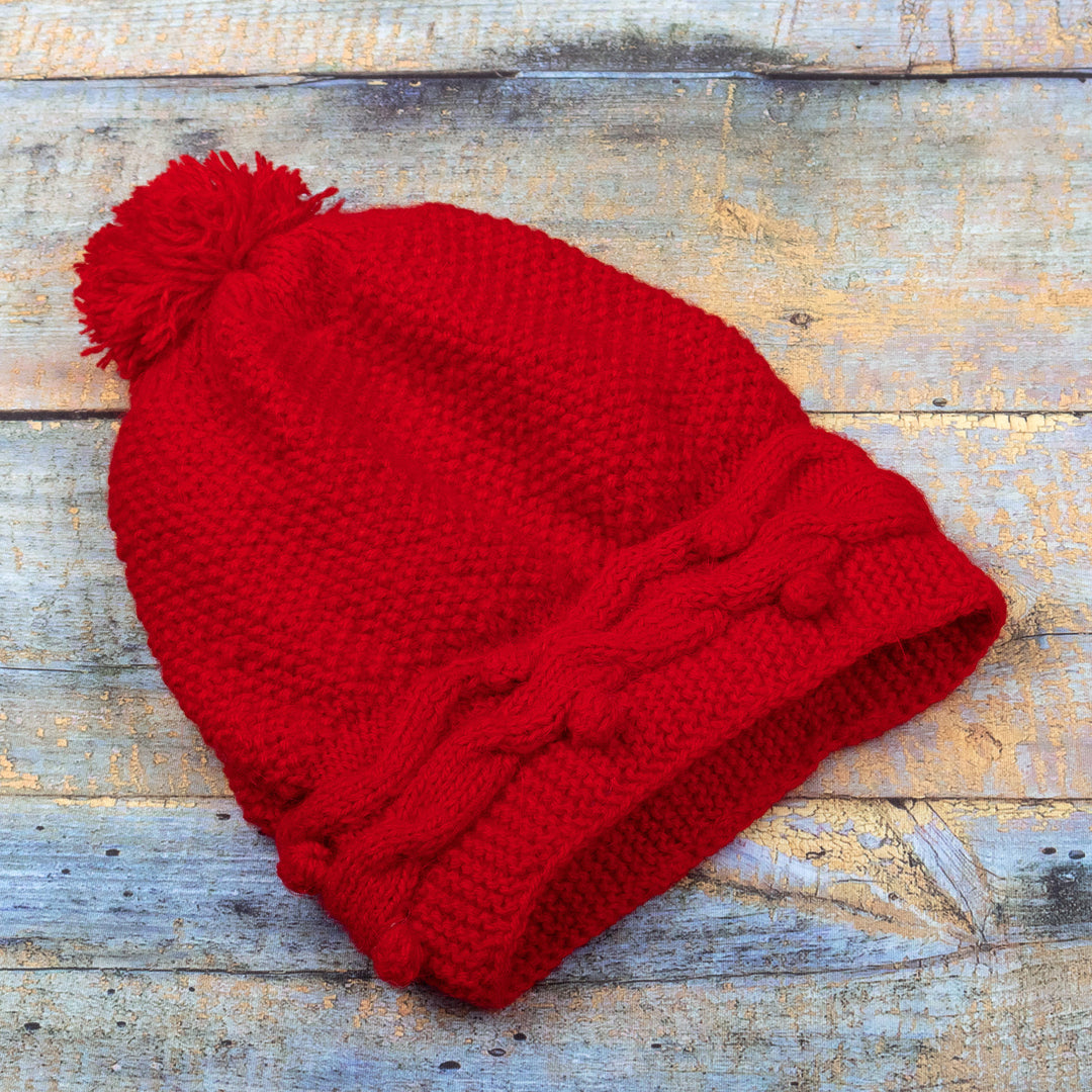 Peruvian Cable Knit Red Alpaca Blend Hat with a Pompon - Roads in Red
