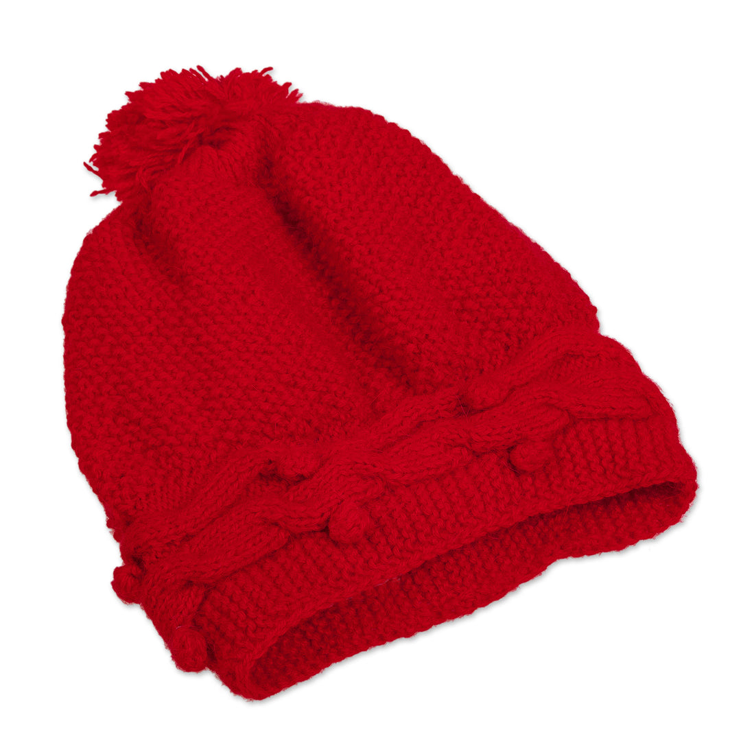 Peruvian Cable Knit Red Alpaca Blend Hat with a Pompon - Roads in Red