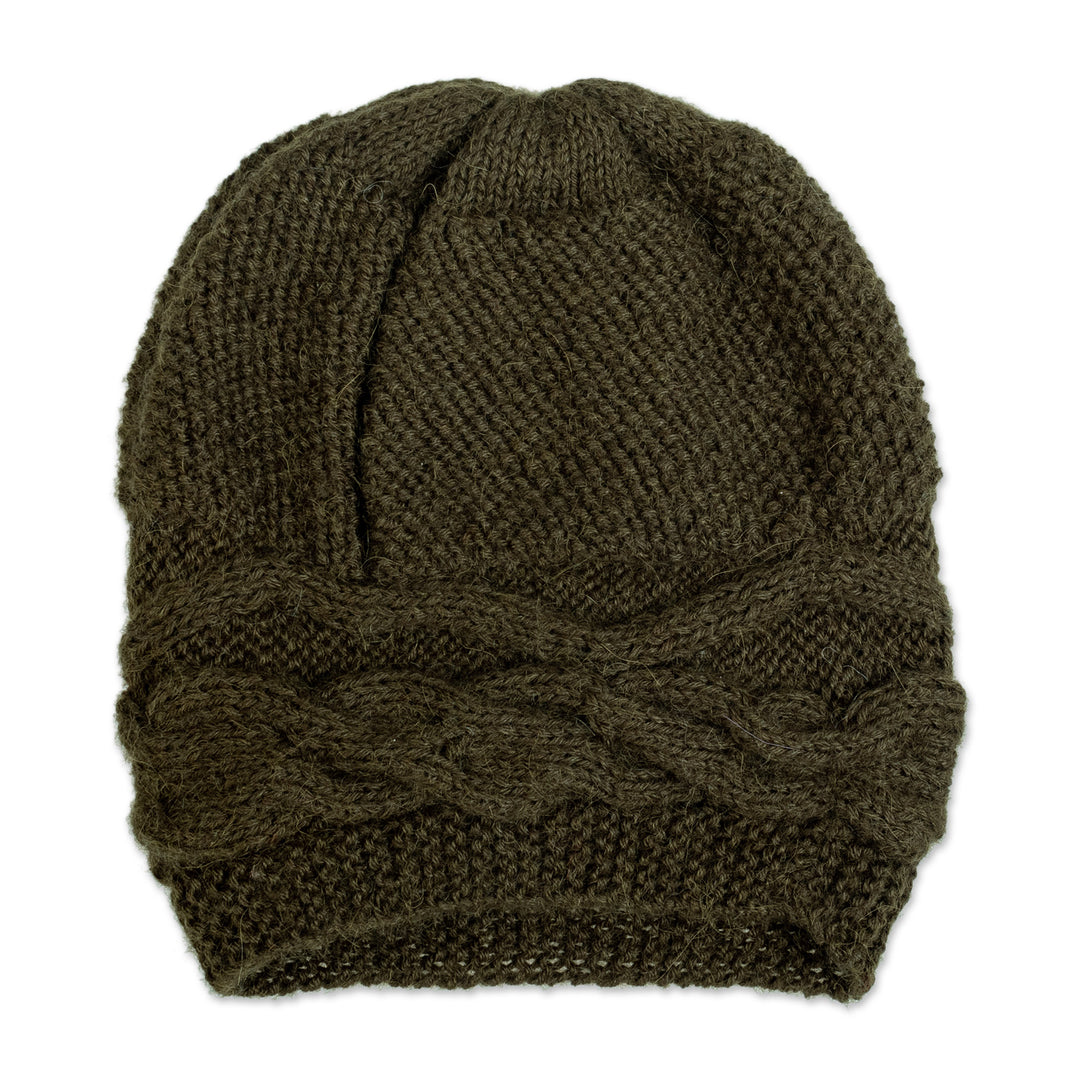 Cable Knit Green 100% Alpaca Hat from Peru - Green Paths