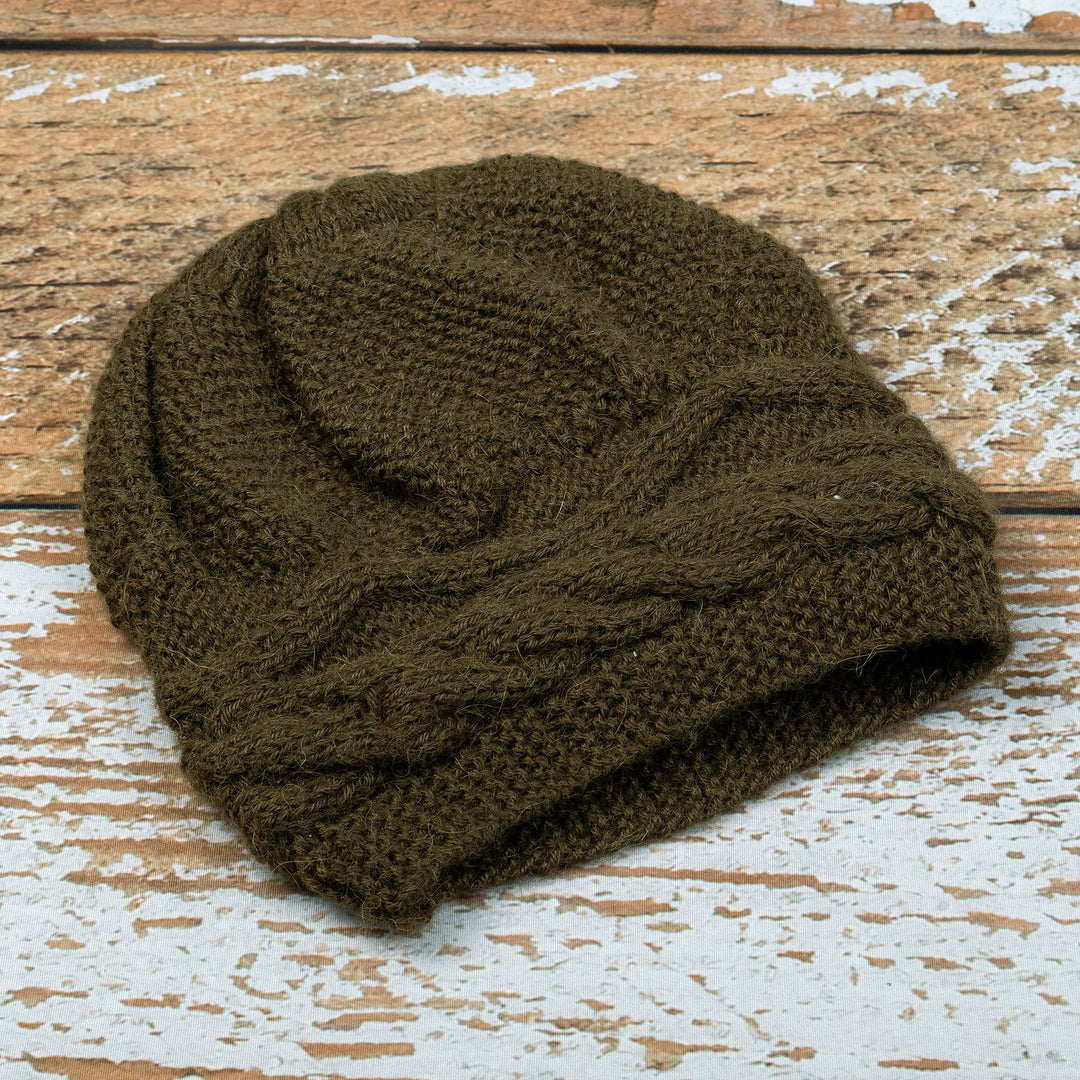 Cable Knit Green 100% Alpaca Hat from Peru - Green Paths