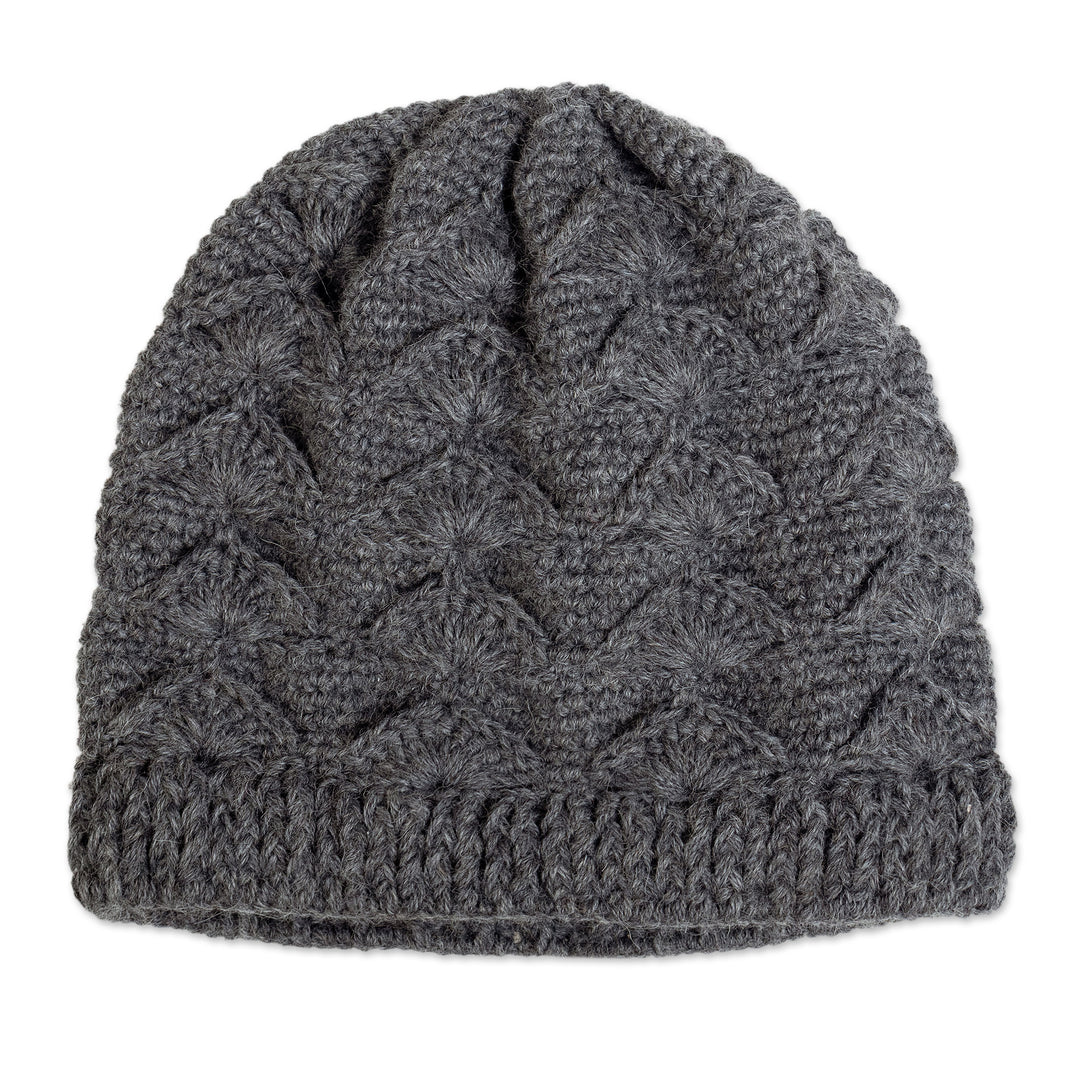 Cable Knit Grey 100% Alpaca Hat from Peru - Grey Scallops