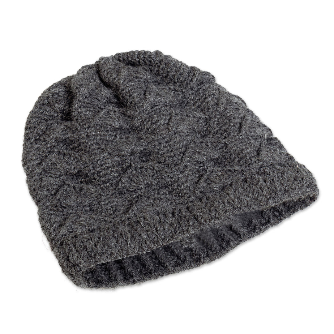 Cable Knit Grey 100% Alpaca Hat from Peru - Grey Scallops