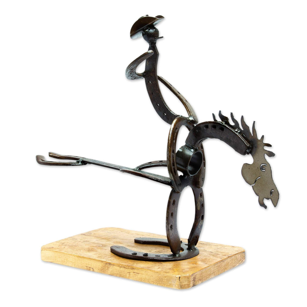 Handcrafted Oak Wood and Horseshoe Bottle Holder from Mexico - Equestrian Bottle