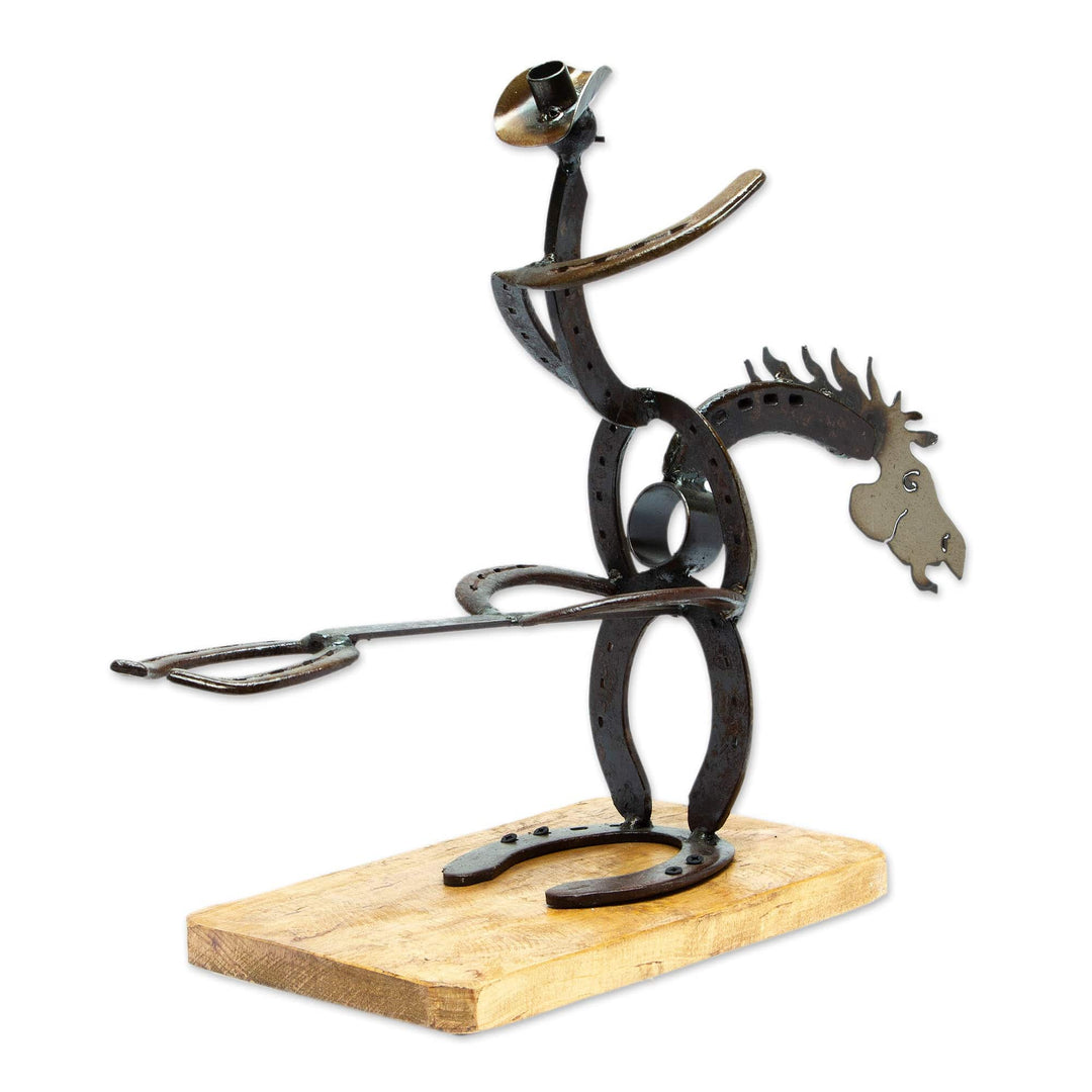Handcrafted Oak Wood and Horseshoe Bottle Holder from Mexico - Equestrian Bottle