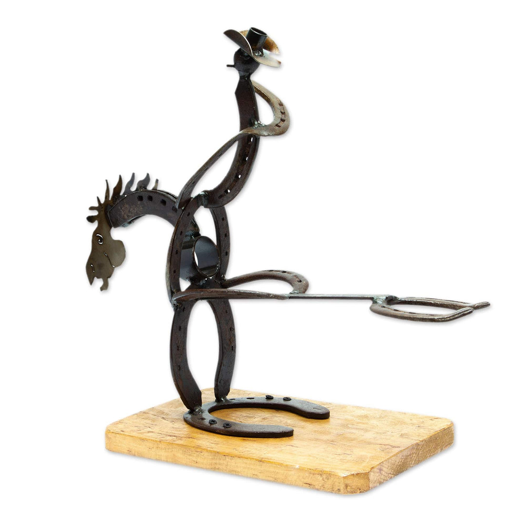Handcrafted Oak Wood and Horseshoe Bottle Holder from Mexico - Equestrian Bottle