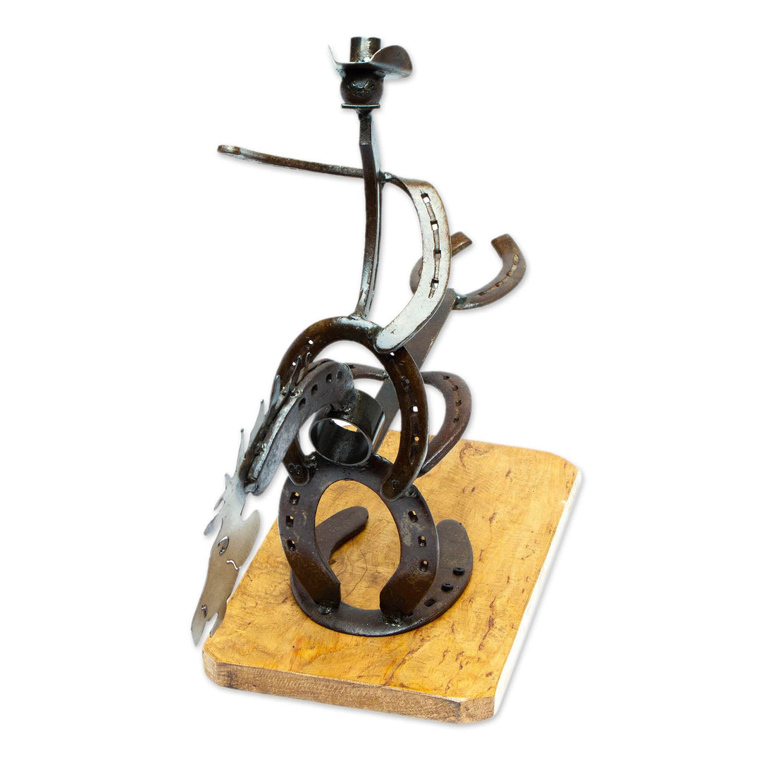 Handcrafted Oak Wood and Horseshoe Bottle Holder from Mexico - Equestrian Bottle