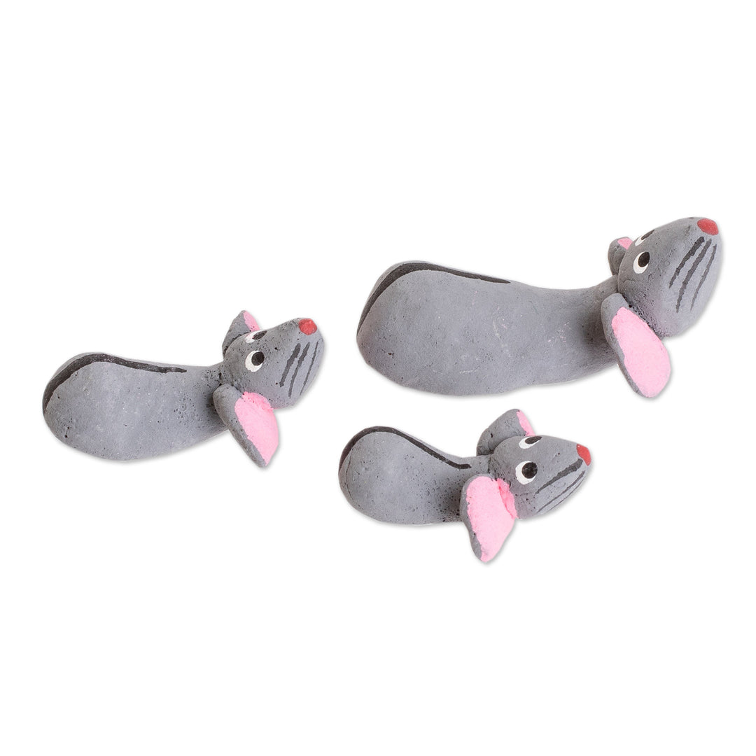 Set of 3 Handcrafted Mouse Ceramic Figurines from Guatemala - Mouse Family
