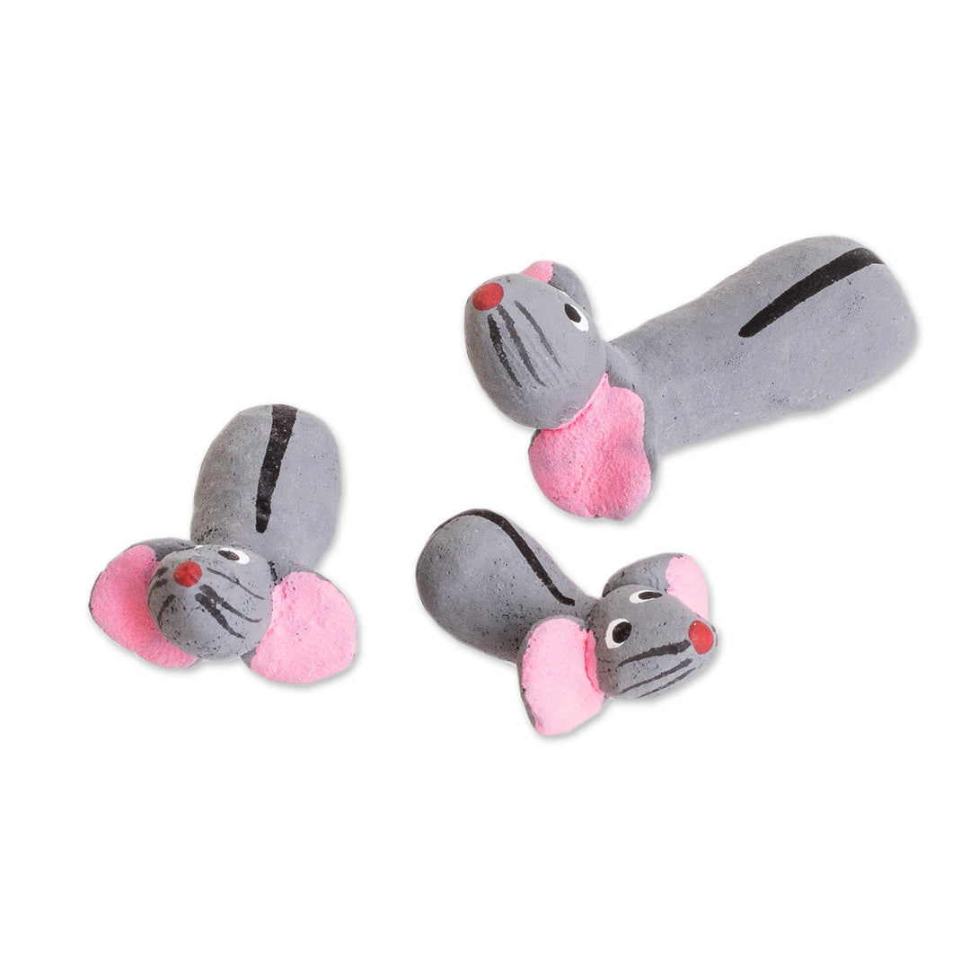 Set of 3 Handcrafted Mouse Ceramic Figurines from Guatemala - Mouse Family