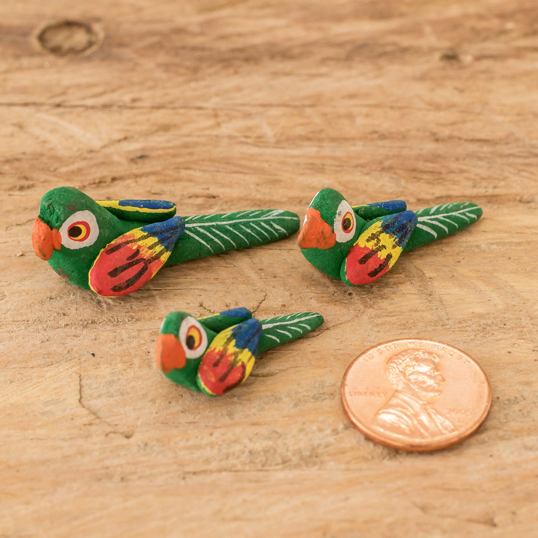 Set of 3 Macaw Ceramic Figurines Handcrafted in Guatemala - Colorful Macaw Reunion