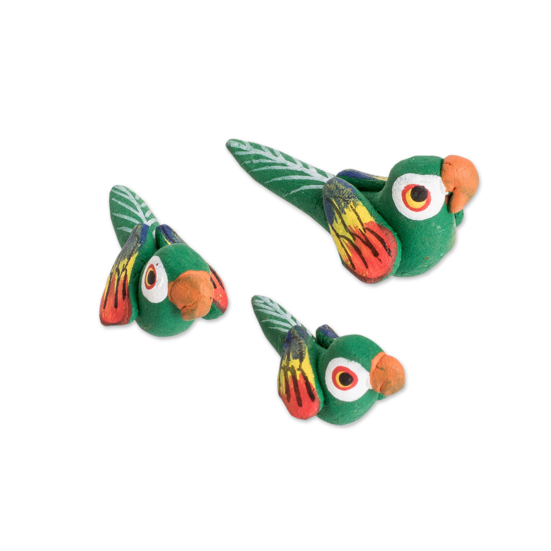 Set of 3 Macaw Ceramic Figurines Handcrafted in Guatemala - Colorful Macaw Reunion