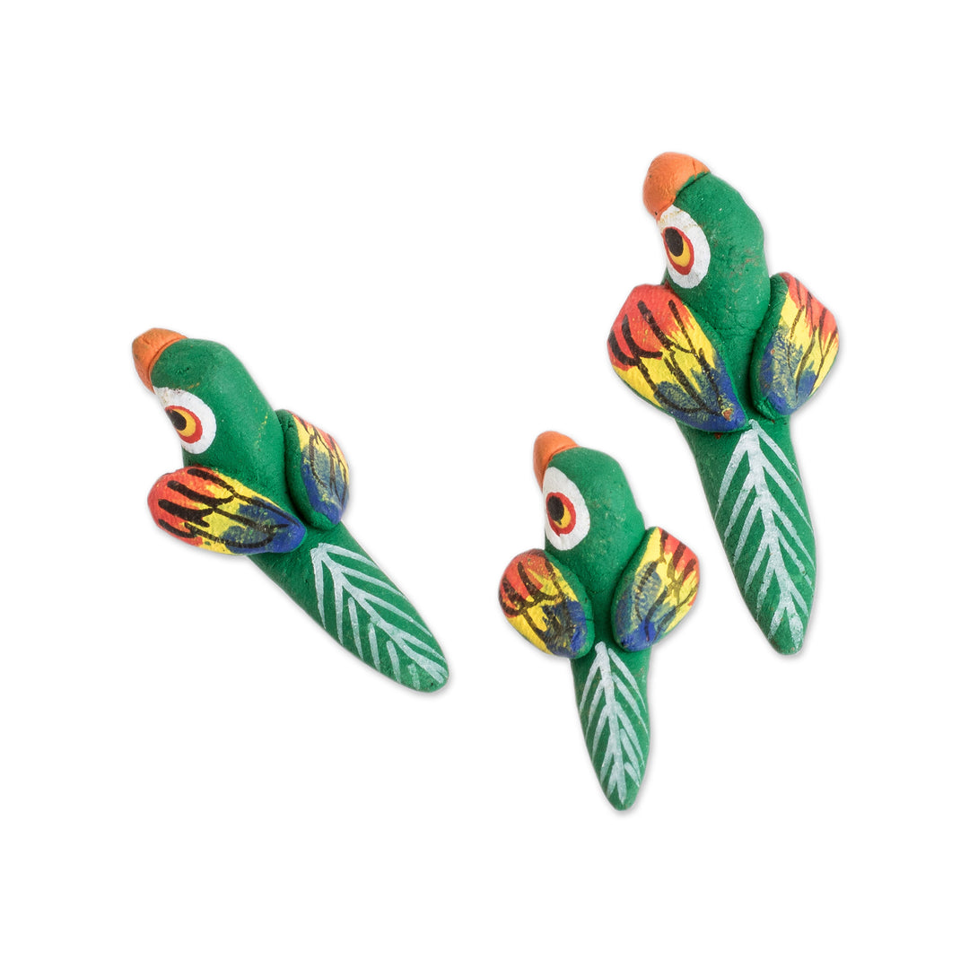 Set of 3 Macaw Ceramic Figurines Handcrafted in Guatemala - Colorful Macaw Reunion