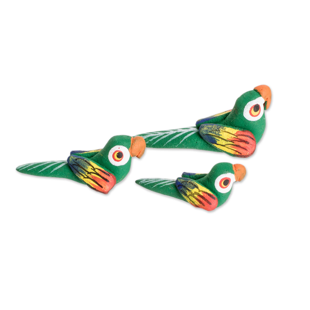 Set of 3 Macaw Ceramic Figurines Handcrafted in Guatemala - Colorful Macaw Reunion