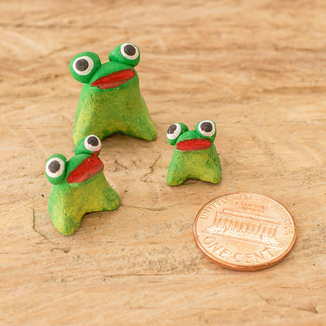 Set of 3 Handcrafted Frog Ceramic Figurines from Guatemala - Frog Reunion