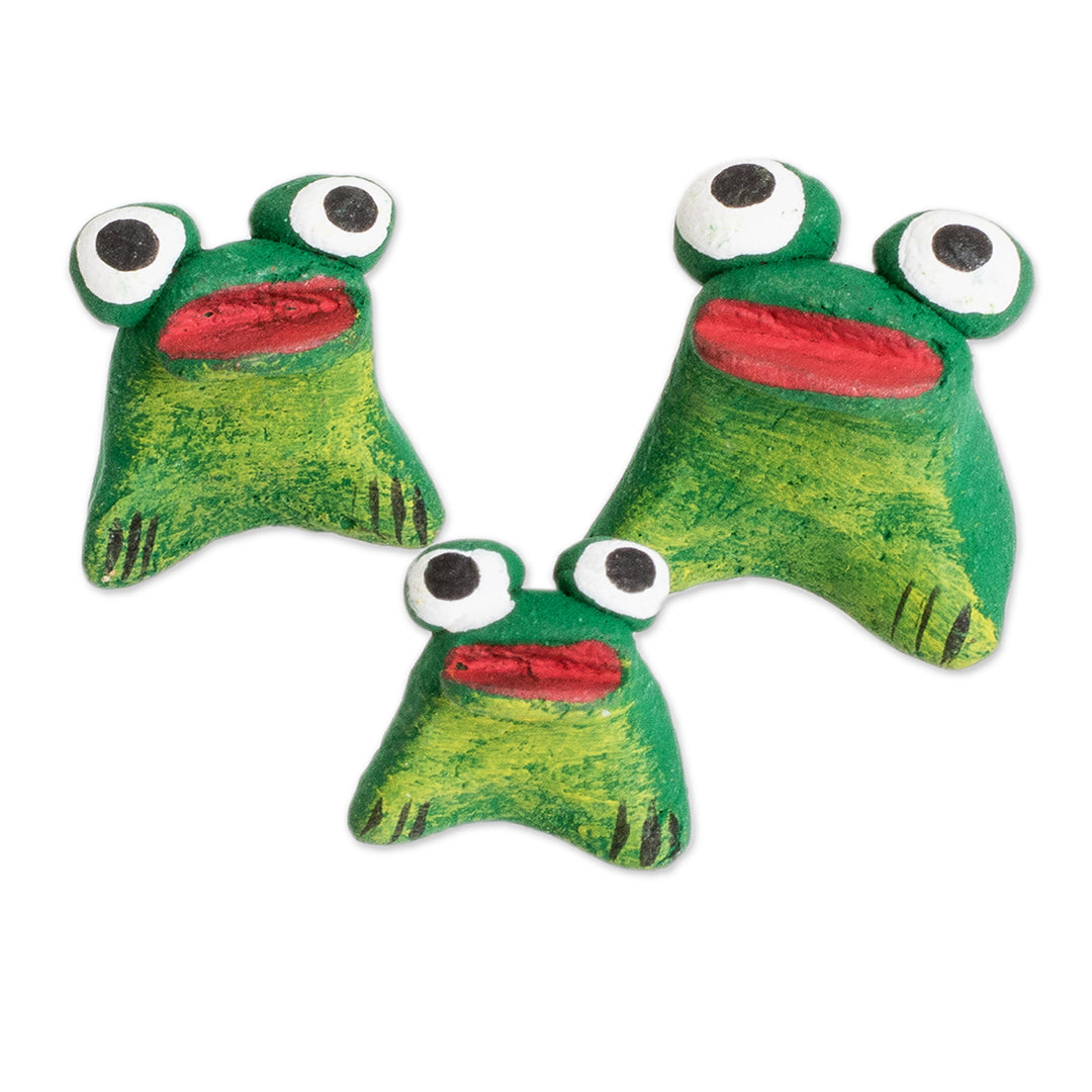 Set of 3 Handcrafted Frog Ceramic Figurines from Guatemala - Frog Reunion