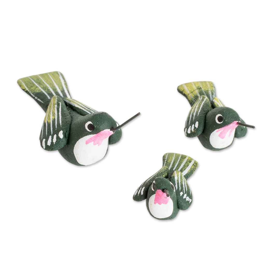 Set of 3 Hummingbird Ceramic Figurines from Guatemala - Hummingbird Family
