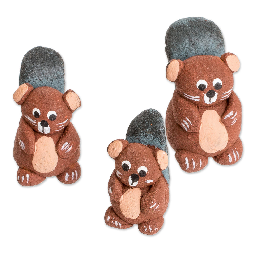 Set of 3 Hand-painted Beaver-themed Ceramic Figurines - Beaver Family
