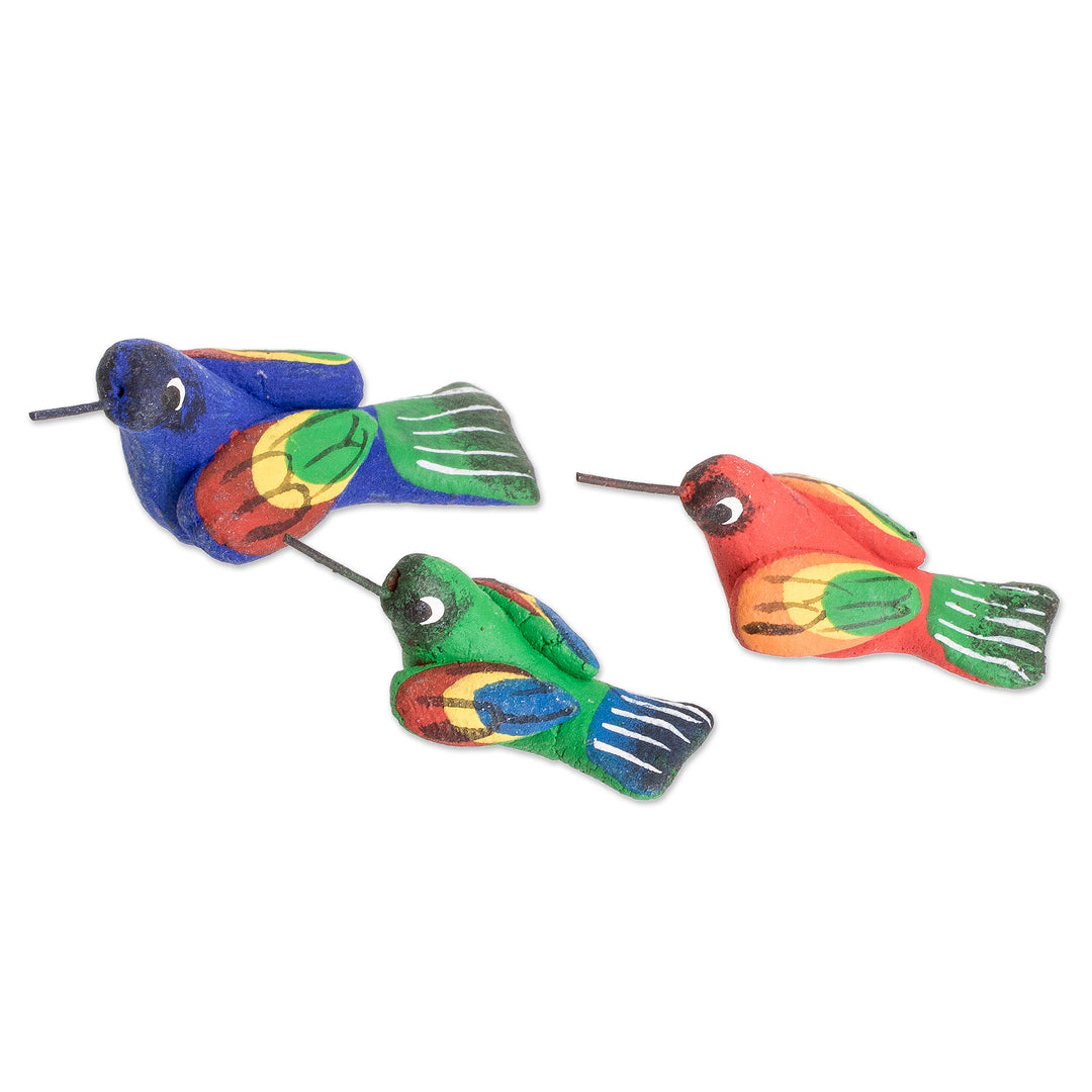Guatemalan Set of 3 Multicolor Hummingbird Ceramic Figurines - Hummingbird Family