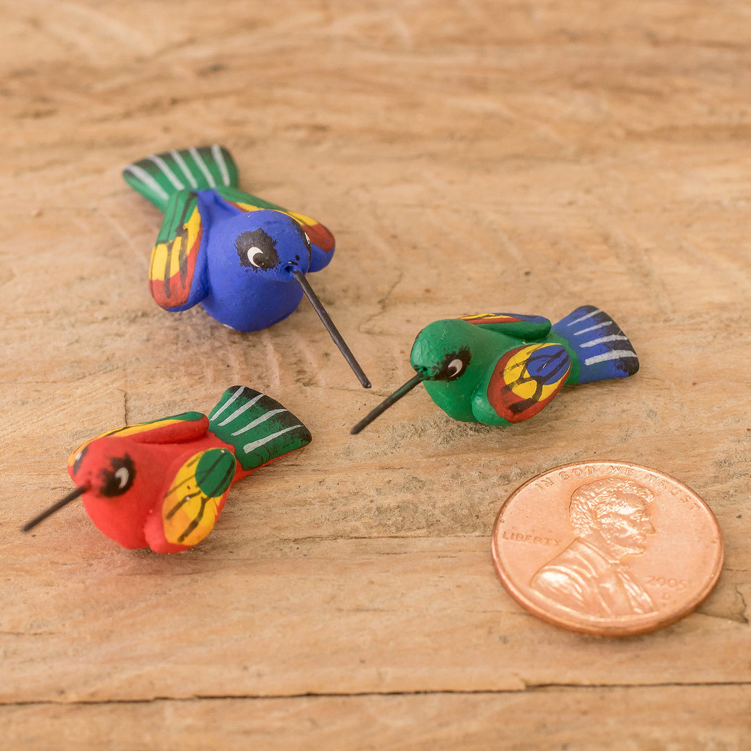 Guatemalan Set of 3 Multicolor Hummingbird Ceramic Figurines - Hummingbird Family
