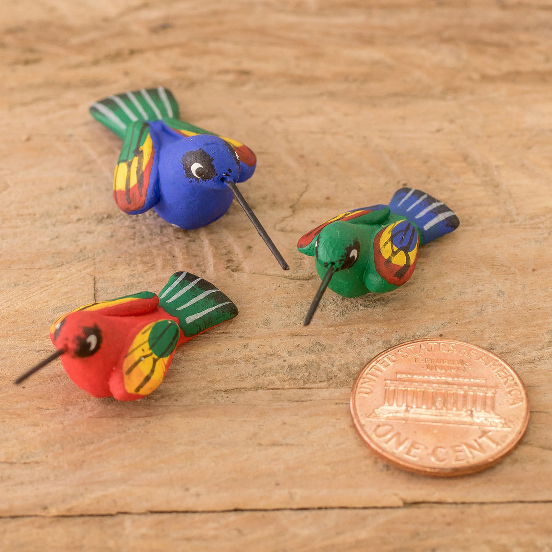 Guatemalan Set of 3 Multicolor Hummingbird Ceramic Figurines - Hummingbird Family