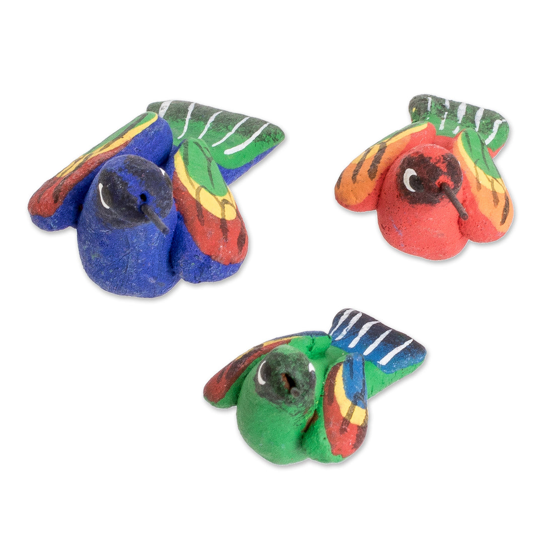 Guatemalan Set of 3 Multicolor Hummingbird Ceramic Figurines - Hummingbird Family