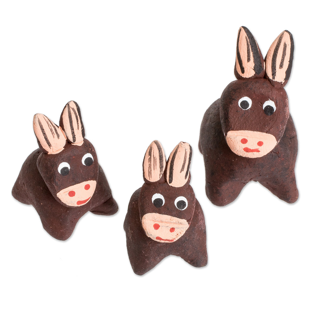 Set of 3 Hand-painted Donkey Shaped Ceramic Figurines - Brown Donkey Family