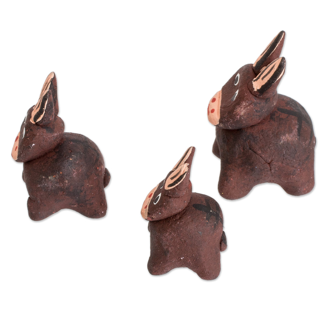 Set of 3 Hand-painted Donkey Shaped Ceramic Figurines - Brown Donkey Family