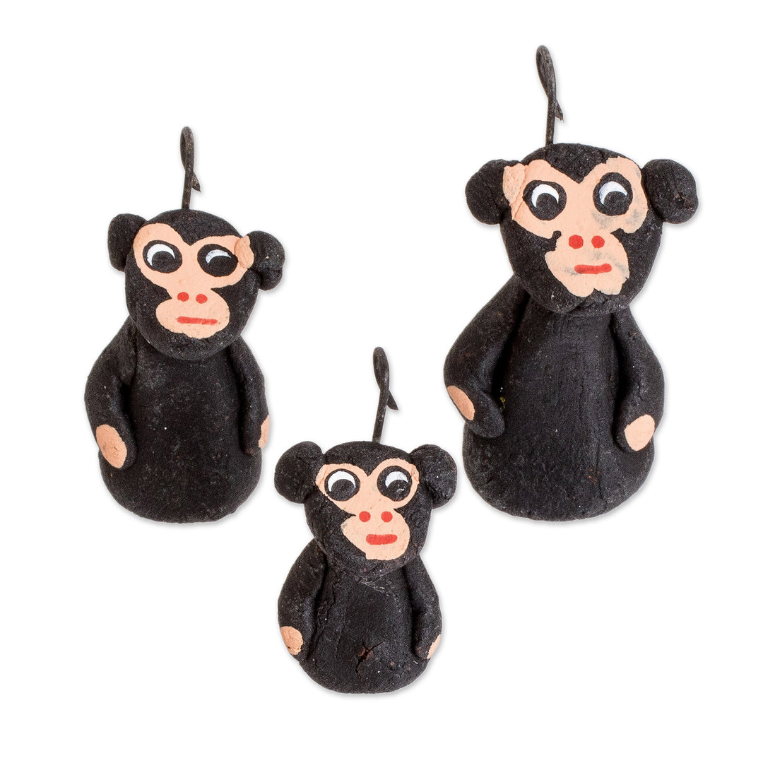 Set of 3 Hand-painted Black Monkey-themed Ceramic Figurines - Black Monkey Family