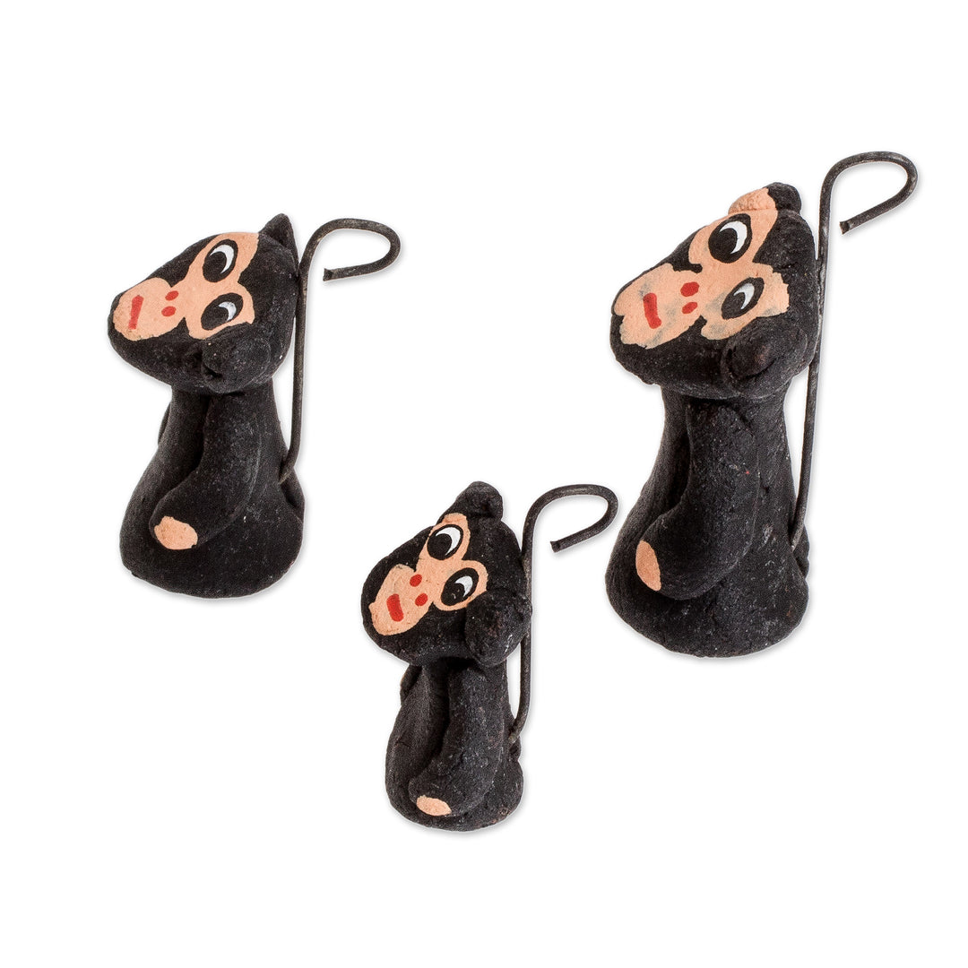 Set of 3 Hand-painted Black Monkey-themed Ceramic Figurines - Black Monkey Family