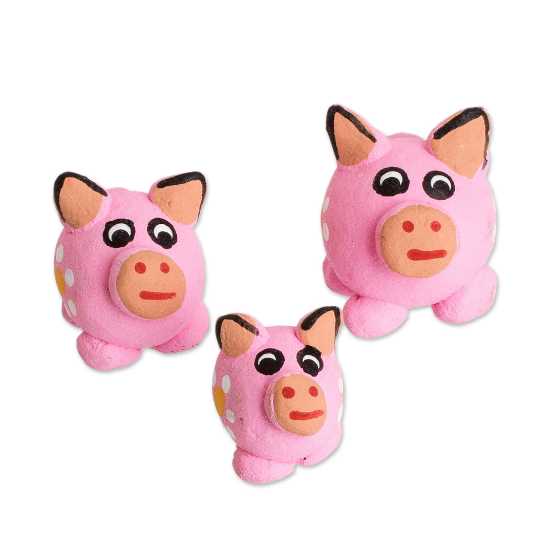 Set of 3 Pink Pig Ceramic Figurines Handcrafted in Guatemala - Pink Pig Family