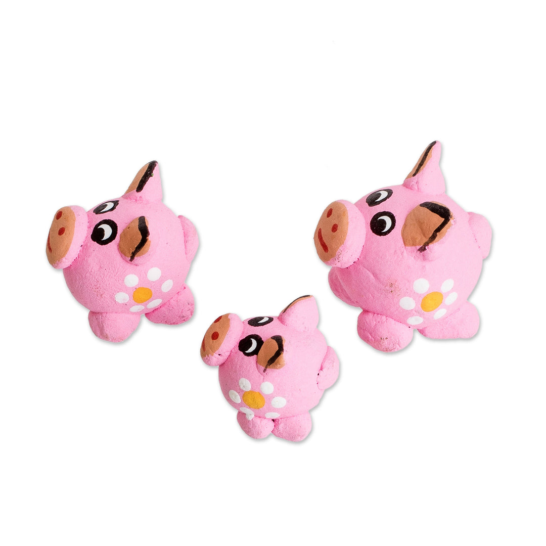 Set of 3 Pink Pig Ceramic Figurines Handcrafted in Guatemala - Pink Pig Family
