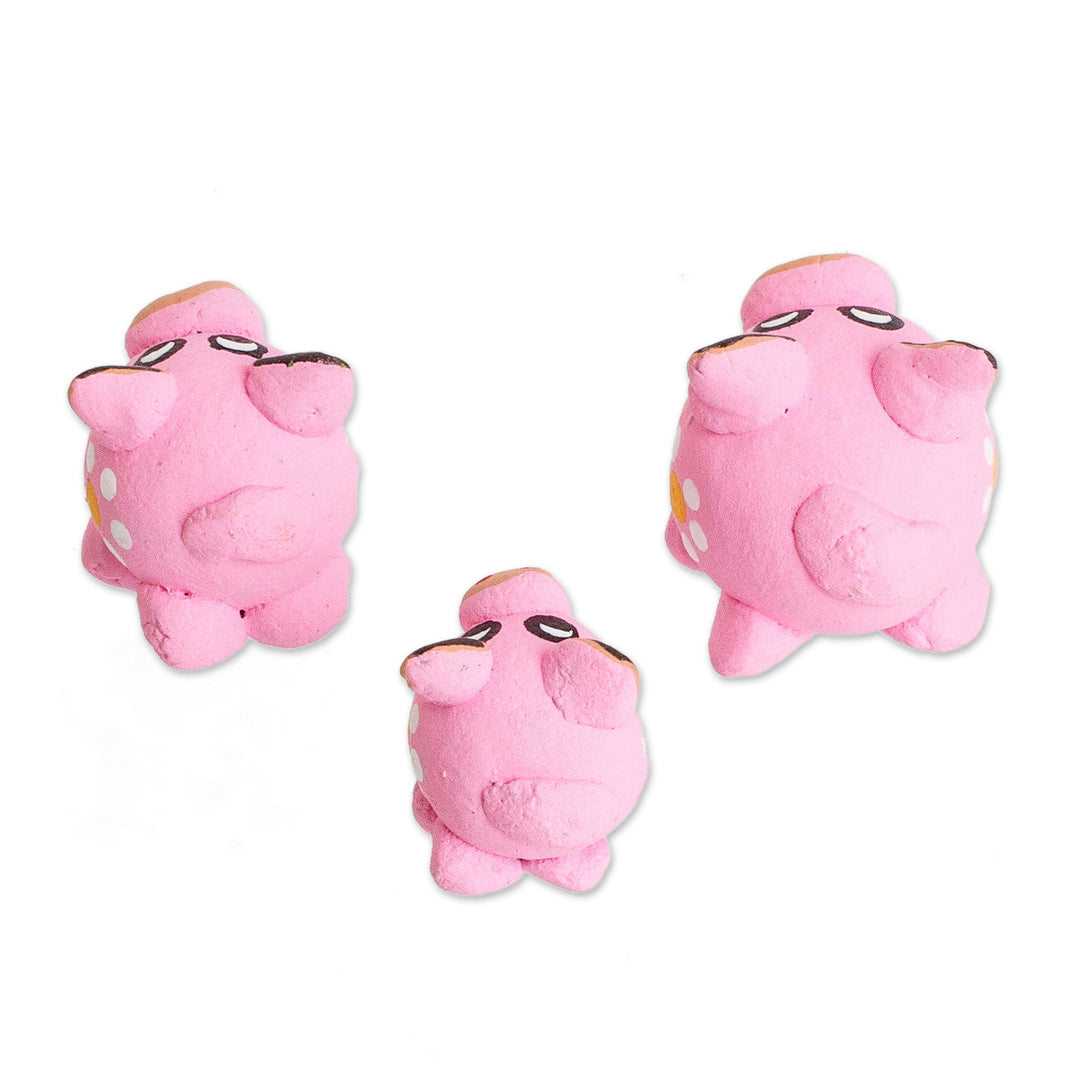 Set of 3 Pink Pig Ceramic Figurines Handcrafted in Guatemala - Pink Pig Family