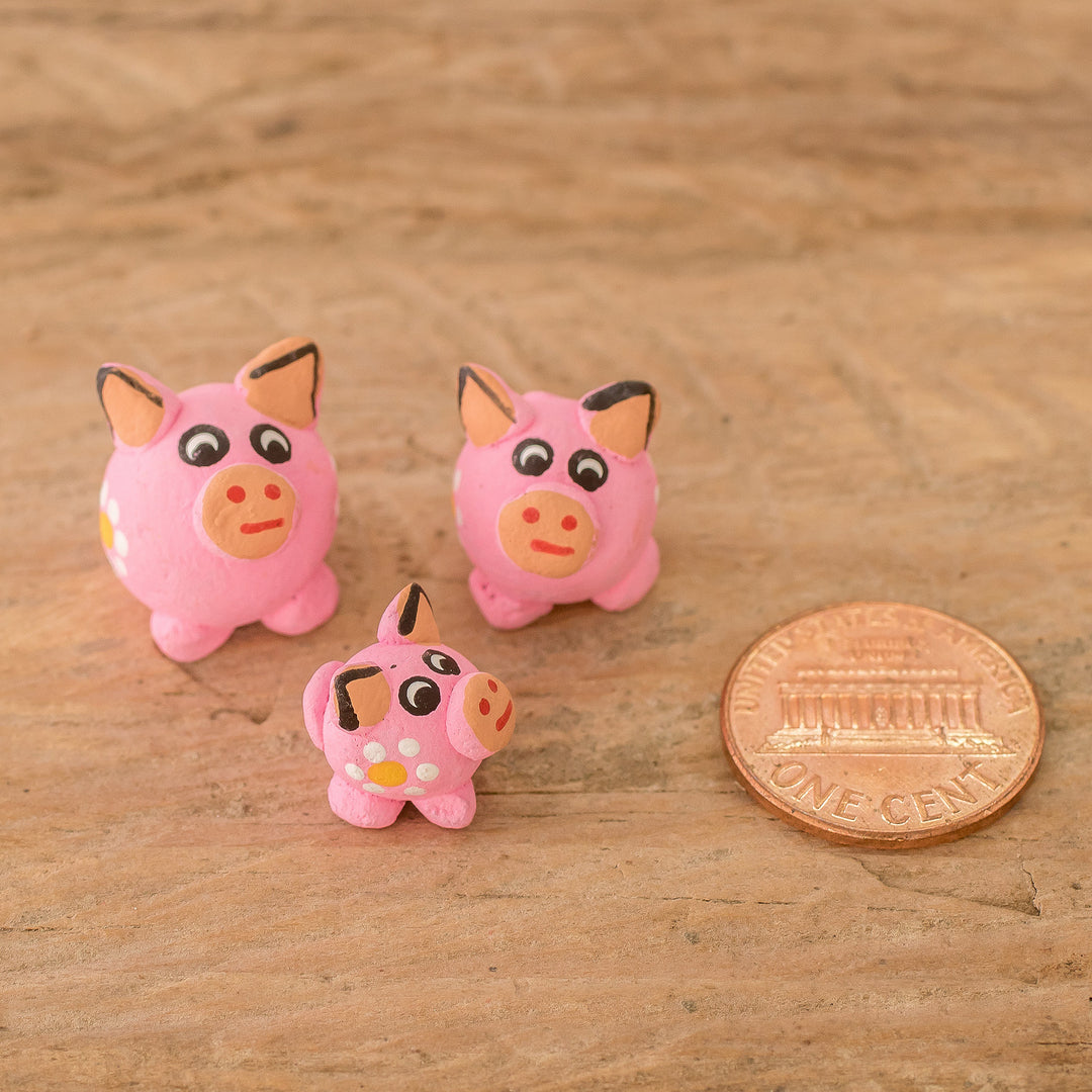 Set of 3 Pink Pig Ceramic Figurines Handcrafted in Guatemala - Pink Pig Family