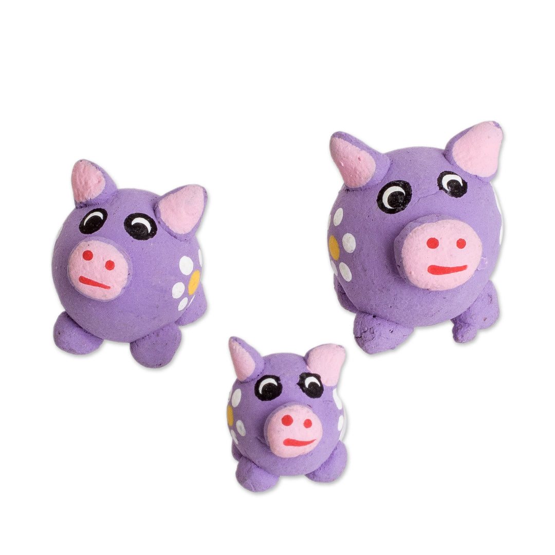 Set of 3 Purple Pig Ceramic Figurines Handmade in Guatemala - Purple Pig Family