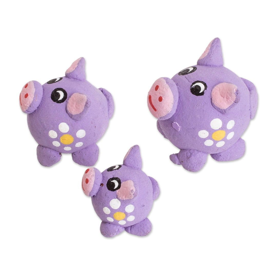 Set of 3 Purple Pig Ceramic Figurines Handmade in Guatemala - Purple Pig Family