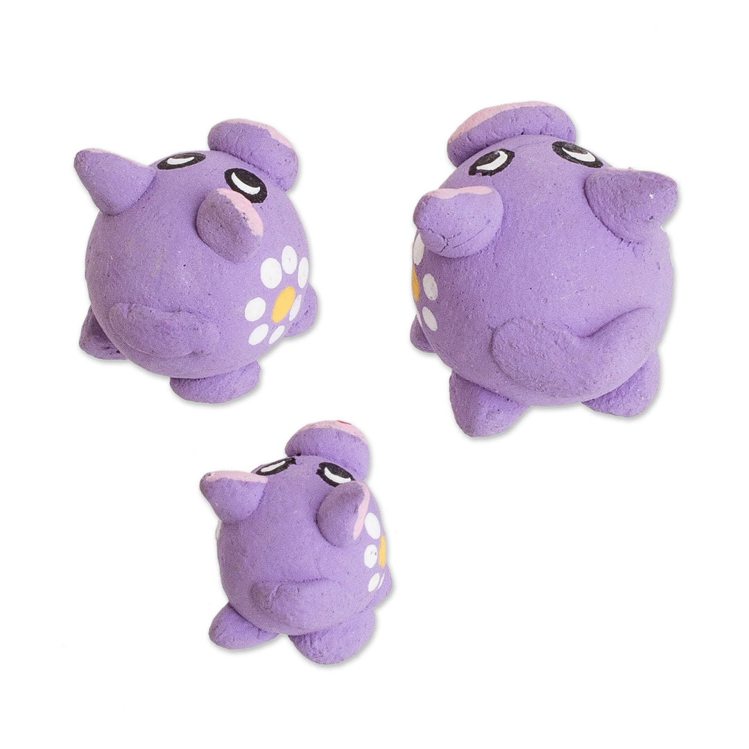 Set of 3 Purple Pig Ceramic Figurines Handmade in Guatemala - Purple Pig Family