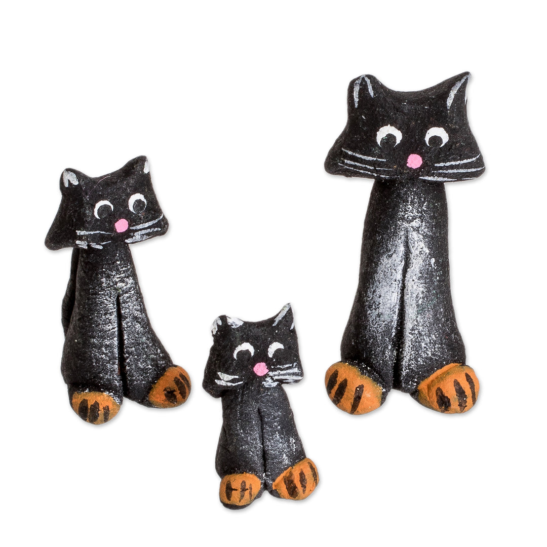 Set of 3 Hand-painted Black Cat-shaped Ceramic Figurines - Black Cat Family