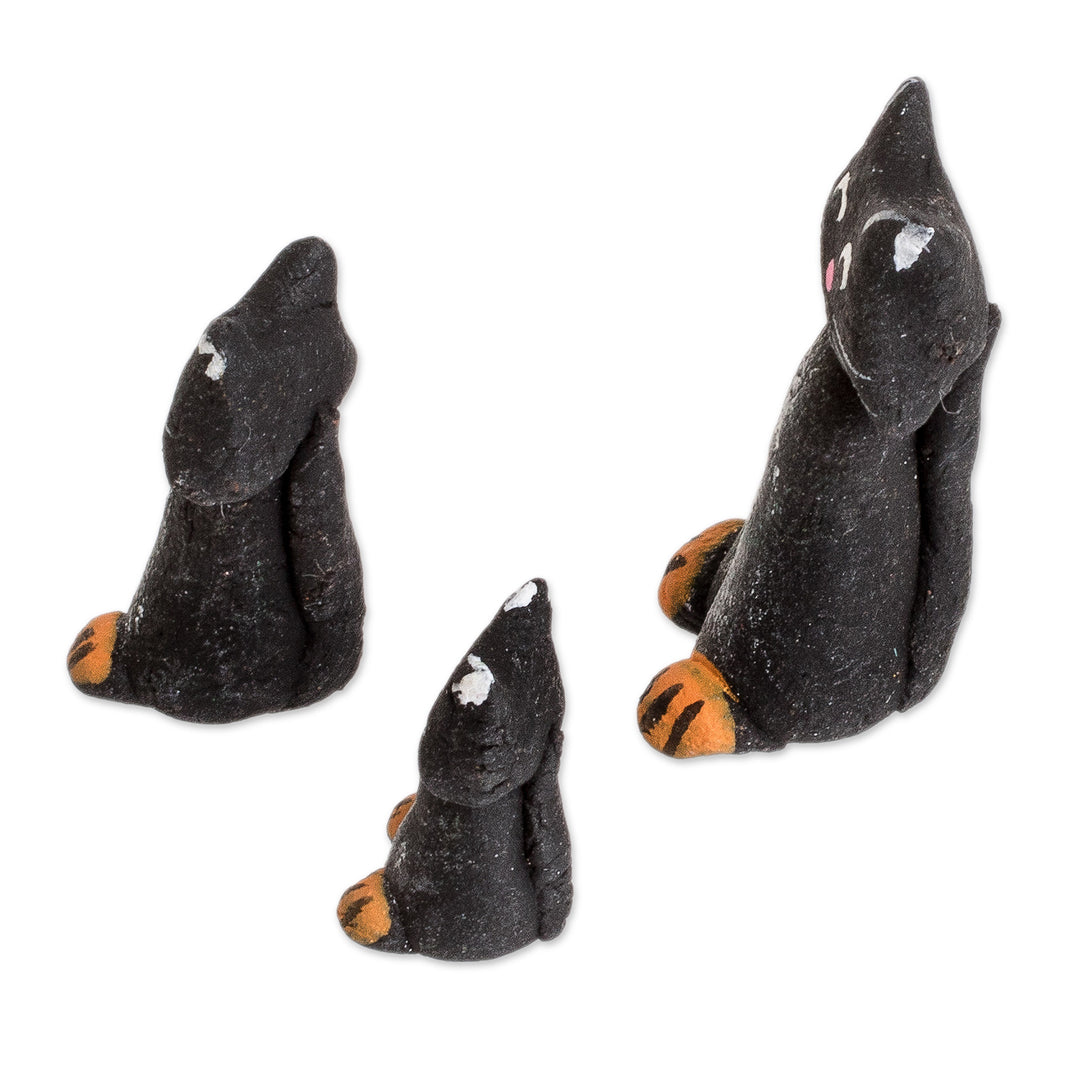 Set of 3 Hand-painted Black Cat-shaped Ceramic Figurines - Black Cat Family