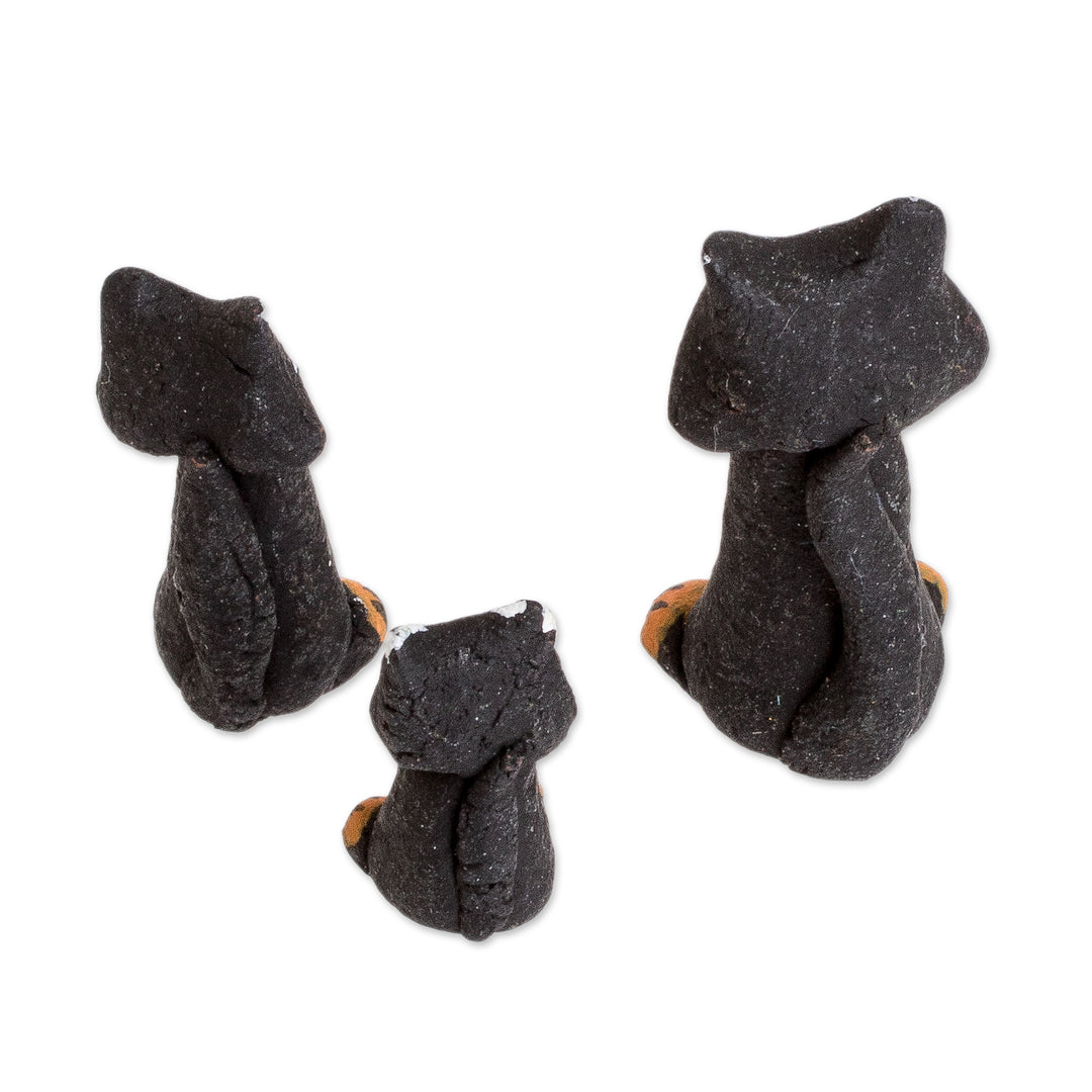Set of 3 Hand-painted Black Cat-shaped Ceramic Figurines - Black Cat Family