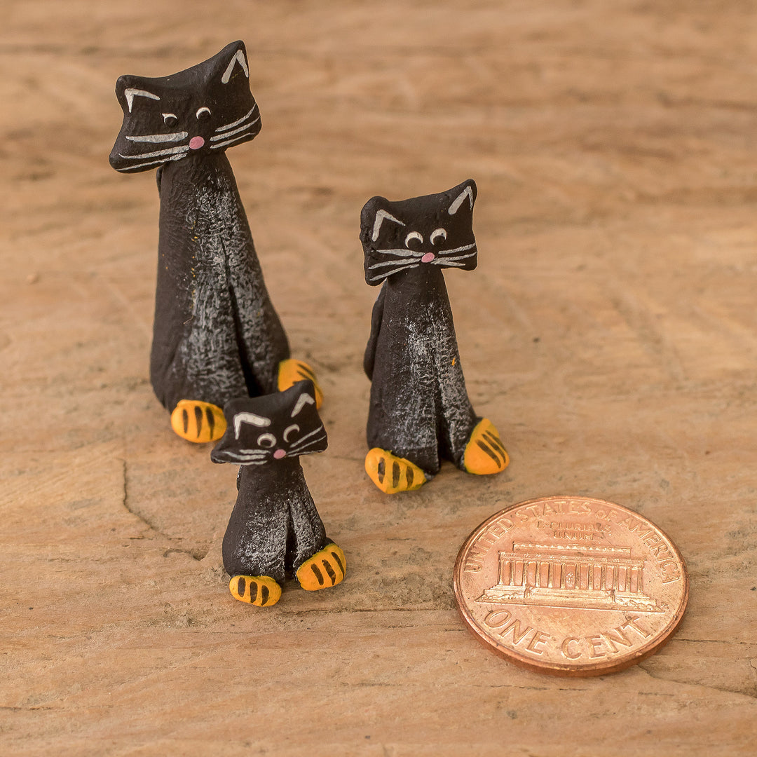 Set of 3 Hand-painted Black Cat-shaped Ceramic Figurines - Black Cat Family