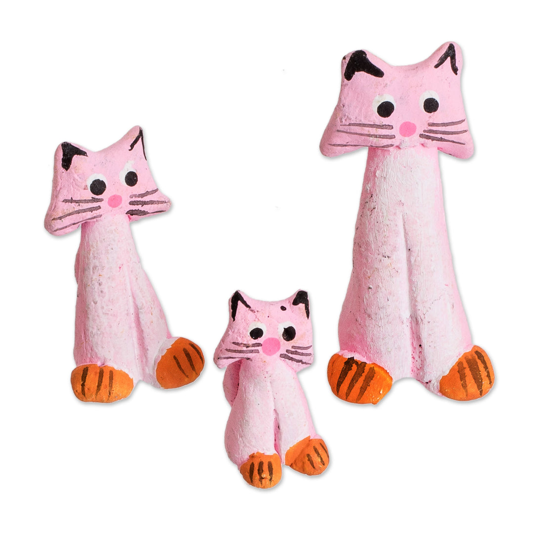 3 Handcrafted Pink Ceramic Kitty Cat Figurines - Perky Pink Pussycats