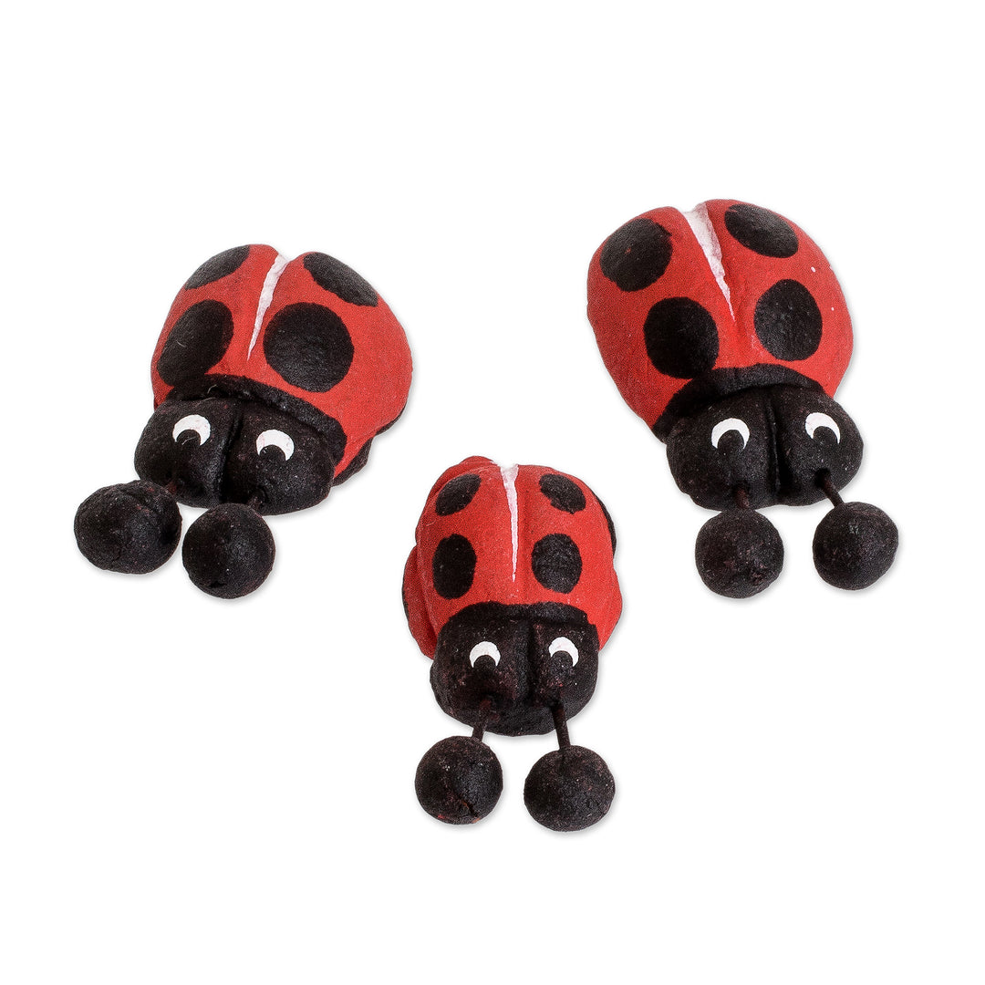 Set of 3 Hand-painted Ladybug-themed Ceramic Figurines - Ladybug Family