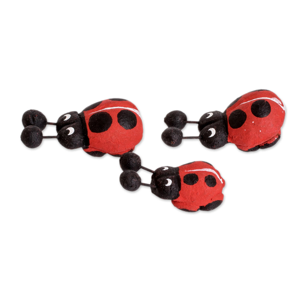 Set of 3 Hand-painted Ladybug-themed Ceramic Figurines - Ladybug Family