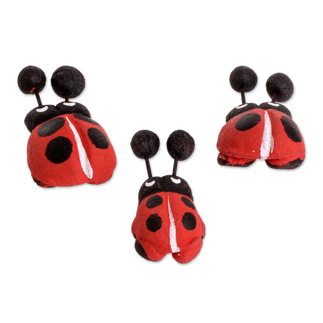 Set of 3 Hand-painted Ladybug-themed Ceramic Figurines - Ladybug Family