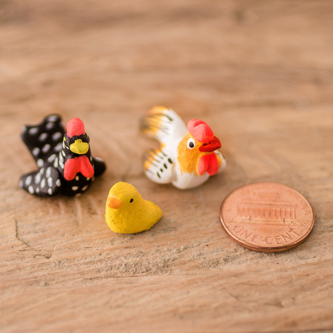 Set of 3 Hand-painted Chicken Themed Ceramic Figurines - Chicken Family