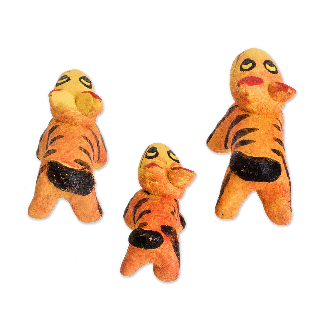 Set of 3 Hand-painted Tiger-themed Ceramic Figurines - Tiger Family