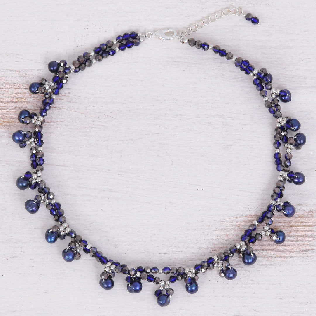 Blue Cultured Pearl Beaded Necklace with Silver Accents - Wonderful Blue