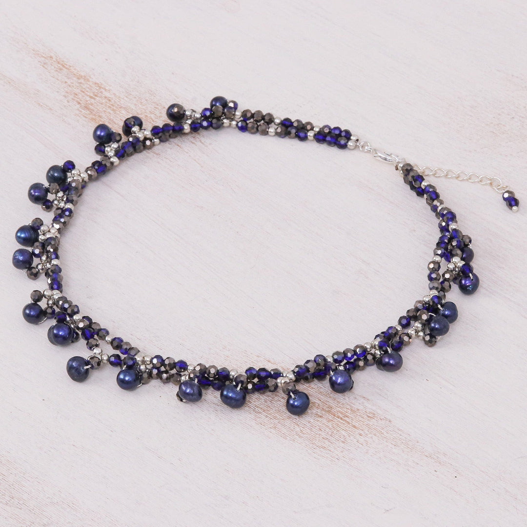 Blue Cultured Pearl Beaded Necklace with Silver Accents - Wonderful Blue