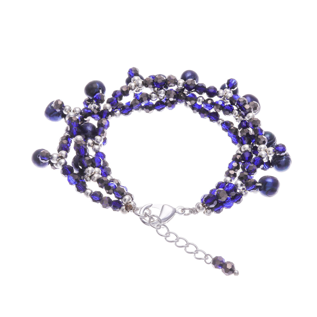 Blue Cultured Pearl Beaded Bracelet with Silver Accents - Wonderful Blue