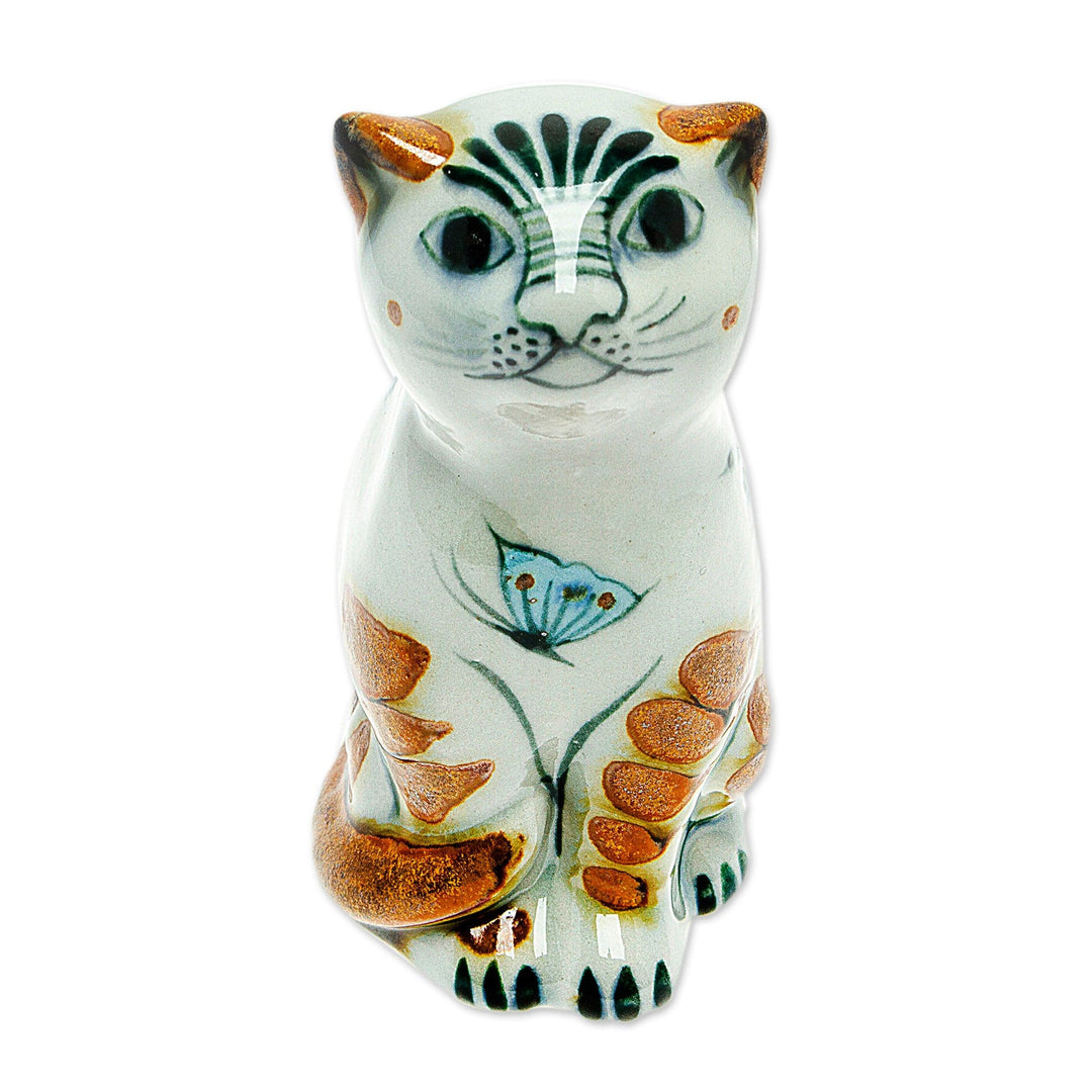 Cat Themed Ceramic Figurine Hand-Painted in Mexico - Traditional Cat